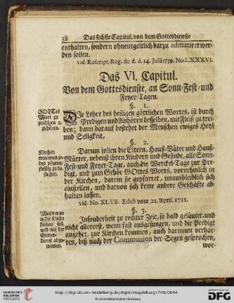Das VI. Capitul: Von dem Gottesdienste, an Sonn- Fest- und Feyer-Tagen