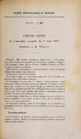 Compte rendu de l'assemblée mensuelle du Société Entomologique de Belgique. 60/72. 1879