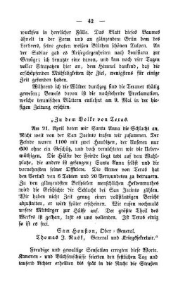 Proclamation des Obergenerals Sam Houston. Siegesfeier.