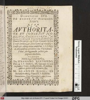 Disputatio XVII. De Bonorum Possessionibus