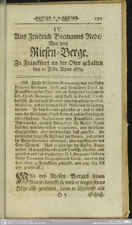 IV. Aus Friedrich Becmanns Rede, Von dem Riesen-Berge. Zu Franckfurt an der Oder gehalten den 10 Febr. Anno 1679