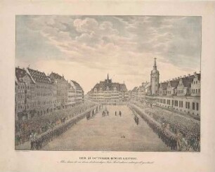 Leipzig, der Marktplatz von Süden mit dem Rathaus und einer Menschenmenge anlässlich der Gründung der Leipziger Kommunalgarde am 31. Oktober 1830