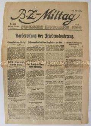 Titelblatt der Berliner Tageszeitung "B.Z. am Mittag" zur Vorbereitung der Friedensverhandlungen