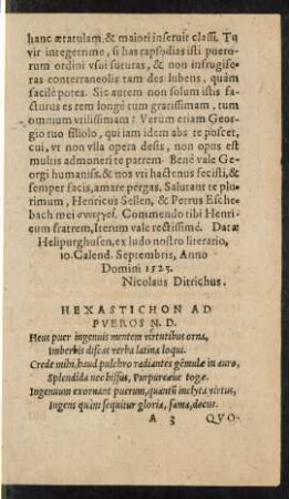 Hexastichon Ad Pueros N. D.