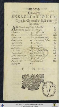 Syllabus exercitationum quae in Gymnasio styli continentur.