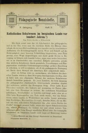 Katholisches Schulwesen im bergischen Lande vor hundert Jahren