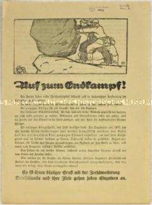 Flugblatt zur Mobilisierung der Kriegsgesellschaft und Beschwörung des Burgfriedens
