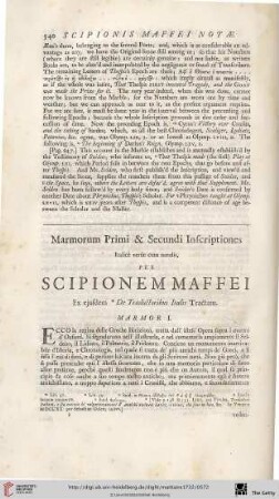 Marmorum Primi & Secundi Inscriptiones Italice versæ cum notulis, per Scipionem Maffei ex ejusdem *De Traductoribus Italis Tractatu