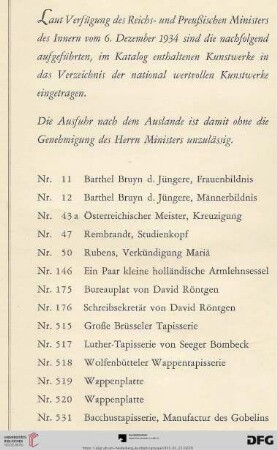 Verzeichnis der national wertvollen Kunstwerke / Hinweis "unlimitiert" (nach einem Exemplar in Privatbesitz)
