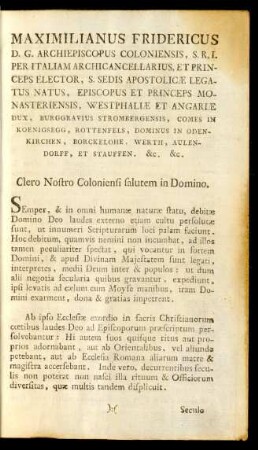 Maximilianus Fridericus D. G. Archiepiscopus Coloniensis, ...