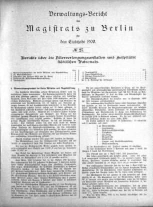 No. 27. Bericht über die Altersversorgungsanstalten und Hospitäler städtischen Patronats