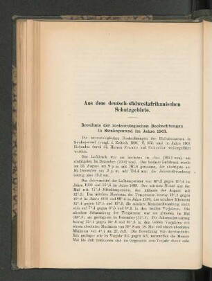 Resultate der meteorologischen Beobachtungen in Swakopmund im Jahre 1901.