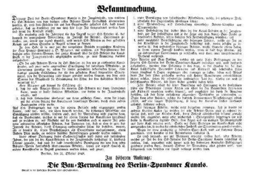 Bekanntmachung. Derjenige Theil des Berlin=Spandauer Kanals [...]