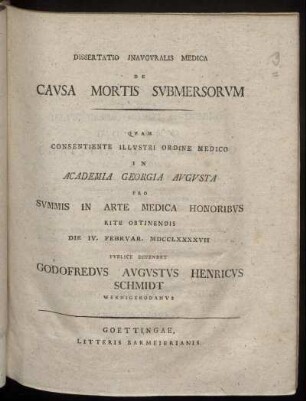 Dissertatio Inauguralis Medica De Causa Mortis Submersorum : Die IV. Februar. MDCCLXXXXVII