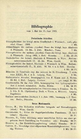 Bibliographie vom 1. Mai bis 15. Juni 1883.