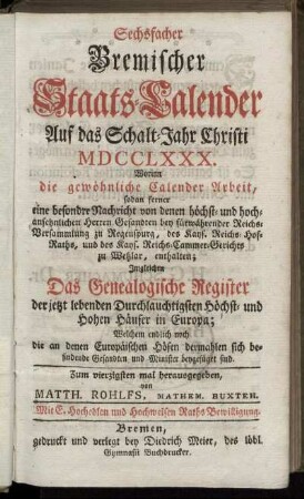 1780: Sechsfacher Bremischer Staats-Calender