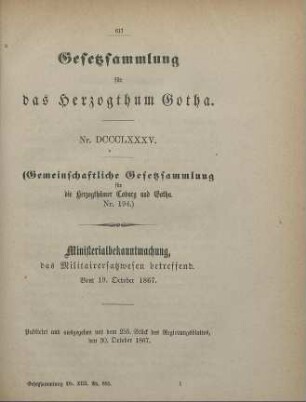885. Ministerialbekanntmachung, das Militairersatzwesen betreffend; vom 19. October 1867
