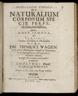 Disputatio Physica De Naturalium Corporum Specie Perfectissima, nobilissima