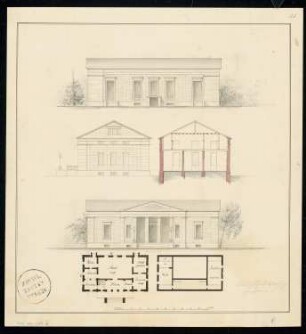 Schützenhaus Monatskonkurrenz Mai 1832: Grundriss Erdgeschoss, Dachgeschoss, Aufriss Vorderansicht, Rückansicht, Seitenansicht, Querschnitt