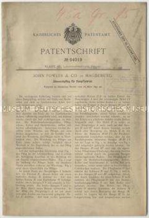 Patentschrift eines Wendepfluges für Dampfbetrieb, Patent-Nr. 64019