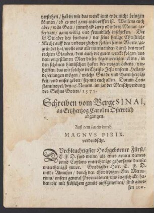 Schreiben vom Berge Sinai, an Ertzhertzog Carol in Osterreich abgangen. Auß dem Latein durch Magnus Firix. verdeudscht.