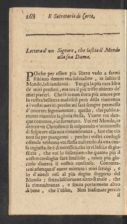 Lettera d' un Signore, che lascia il Mondo alla sua Dama.