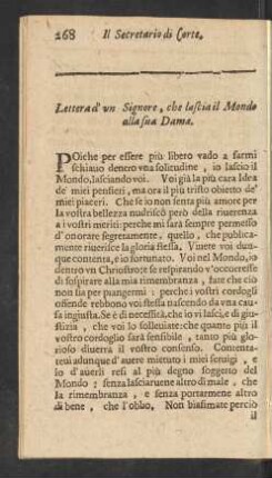 Lettera d' un Signore, che lascia il Mondo alla sua Dama.