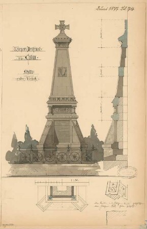 Gefallenendenkmal, Calau Monatskonkurrenz Juni 1877: Grundriss (halber), Aufriss Vorderansicht, Querschnitt der Vorderansicht, Detailskizze; Maßstabsleiste