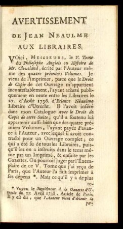 Avertissement De Jean Neaulme Aux Libraires