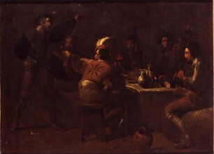 Wachstube mit sechs zechenden Soldaten an einem gedeckten Tisch