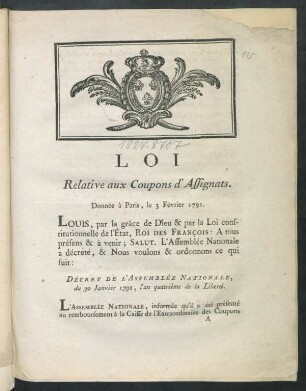 Loi Relative aux Coupons d'Assignats : Donnée à Paris, le 3 Février 1791. [!]