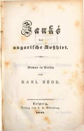 Jankó der ungarische Roßhirt : Roman in Versen