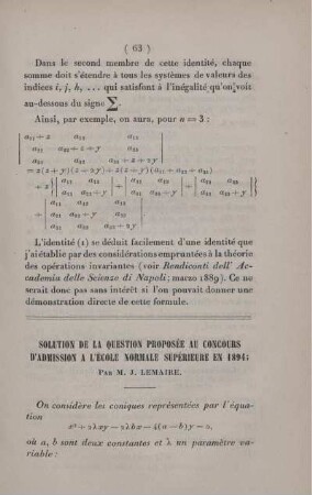 Solution de la question proposée au concours d'admission a l'École Normale supérieure en 1894.