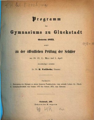 Programm des Königlichen Gymnasiums zu Glückstadt : Ostern ..., 1872/73 (1873)