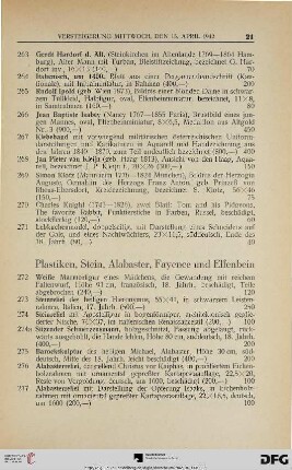Plastiken, Stein, Alabaster, Fayence und Elfenbein (Nr. 272-280)