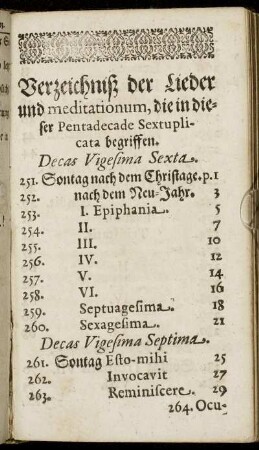 Verzeichnuß der Lieder und meditationum, die in dieser Pentadecade Sextuplicata begriffen.