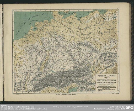 Gebirgs- und Flusskarte von Mittel-Europa (Deutschland, Ost-Frankreich, Schweiz und West-Ungarn)