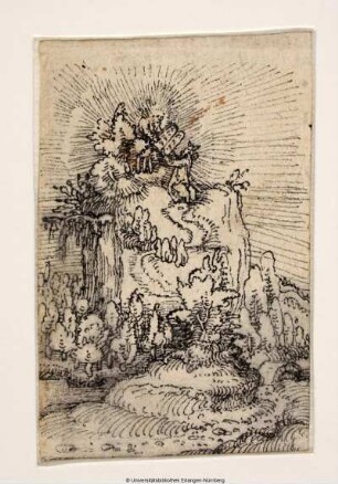 Moses, auf einem Berge nach links kniend, empfängt aus den Händen Gottes die Gesetztafeln