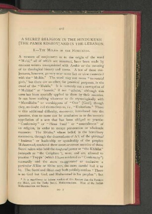 A Secret Religion in the Hindukush (The Pamir Region) and in the Lebanon.