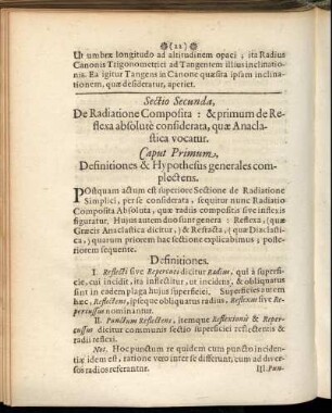 Sectio Secunda, De Radiatione Composita: & primum de Reflexa absolute considerata, quæ Anaclastica vocatur.