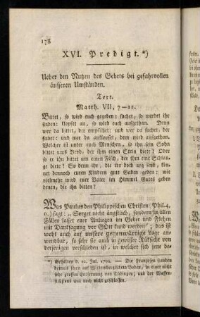 178-190, XVI. Predigt. Ueber den Nutzen des Gebets bei gefahrvollen äusseren Umständen.