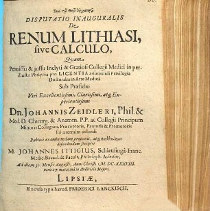 Disputatio Inauguralis De Renum Lithiasi, sive Calculo