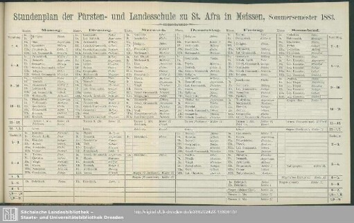 Stundenplan der Fürsten- und Landesschule zu St. Afra in Meissen, Sommersemester 1883