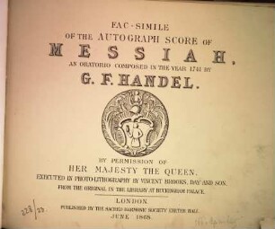 Fac-simile of the autograph score of Messiah : an oratorio