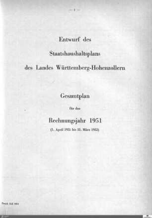 Staatshaushaltsplan Württemberg-Hohenzollern 1951