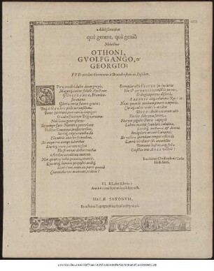 Adolescentibus quà genere, quà geniô Nobilibus Othoni, Gvolfgango, & Georgio: F F. Fratribus Germanis à Brandenstein in Zöschen : ... VI. Kl.das X.bris: Annô decimi septimi seculi secundô