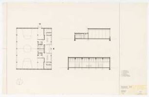 Grundschule Reinickendorf (heute: Reineke-Fuchs-Schule), Berlin-Reinickendorf: Veröffentlichungszeichnung. Turnhalle: Grundriss, Schnitte 1:100