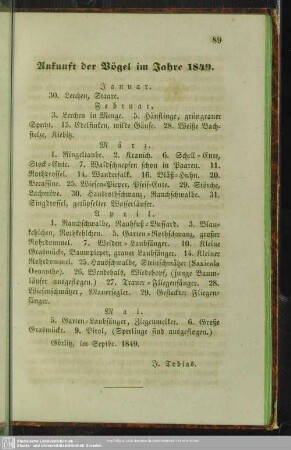 Ankunft der Vögel im Jahre 1849