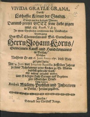 Vivida Gratiae Grana, Das ist/ Lebhaffte Körner der Gnaden