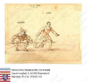 Jagd, Niddaer Sauhatz / Bild 63: Jagdzauber / Einhausen [Heinrich Hermann v. Oeynhausen (1619-1671)] in der Hocke, eine Saufeder quer über den Boden haltend und Jungfer Gretgen, darüber springend